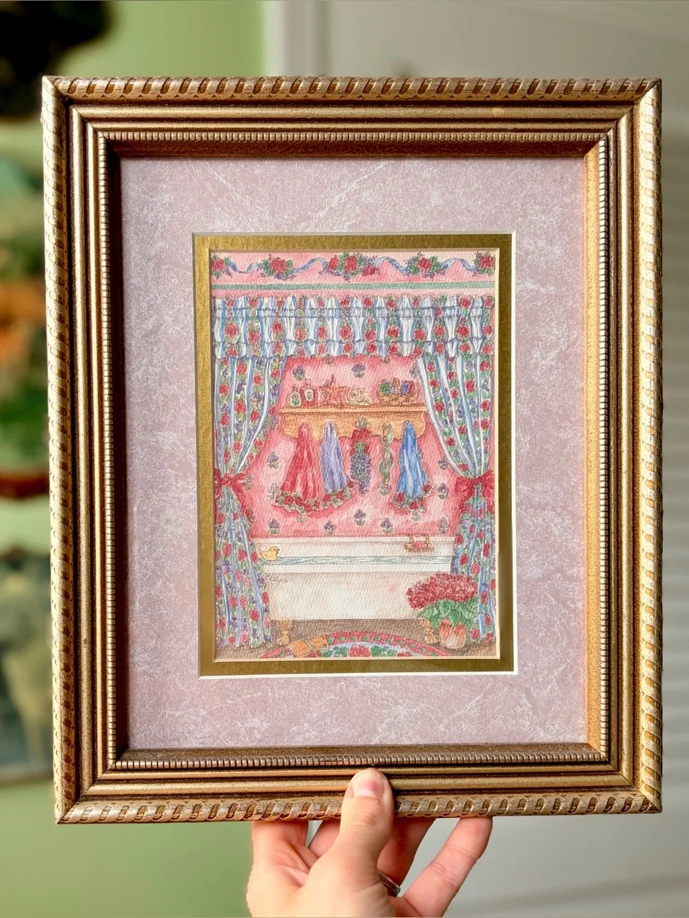 Framed Pink Floral Bathroom Art Print with Florals, Tub, Towels, & Curtains